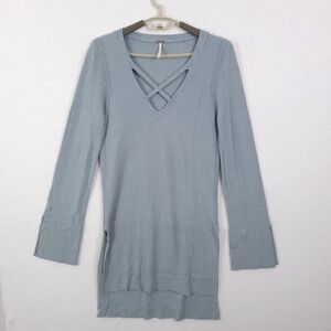 Free People Tunic Sweater Dress Womens M Blue Crisscross V-Neck Knit Longline